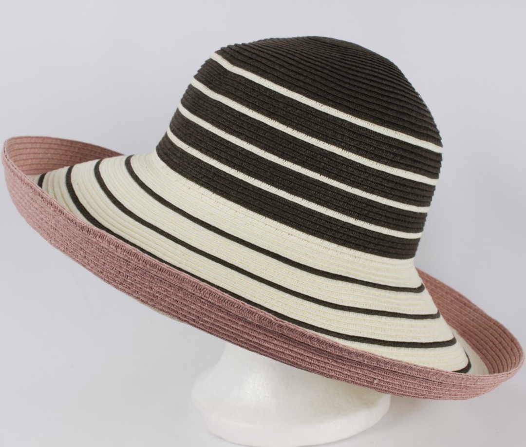 Braid striped hat w wide upturn brim blk and white w mocha trim Style: HS/9107 image 0